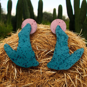Vintage 80's Pink & Teal Coyote Silhouette Earrings Pierced Southwestern Pottery